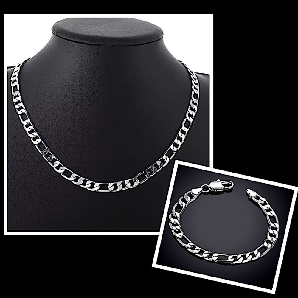 SILVER CUBAN FIGARO CHAIN LINK NECKLACE + BRACELET STERLING STMP .925  SET